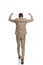 Back view of businessman in beige suit holding arms in the air