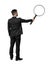 Back view of a businessman holding big magnifying glass in his outstretched arm isolated on white background