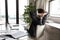 Back view of calm businessman relax in chair in office