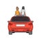 Back view of cartoon couple sitting on hood of orange car - isolated vector illustration