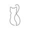 Back view of cat continuous line drawing - cute pet sits backward with twisted tail isolated on white background.