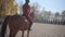 Back view of a Caucasian girl in pink clothes and helmet riding brown horse in the corral. Young female equestrian