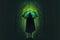 Back view of cloaked person holding glowing green umbrella in dark mysterious forest