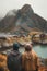 Back view of couple of travelers with a backpacks admiring scenic view of spectacular Norwegian nature. Breathtaking landscape of