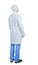 Back view of doctor in robe. Standing young guy.