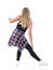 Back view of elegant graceful movement of blonde caucasian woman dancing jazz dance