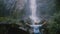 Back view excited young tourist man with arms wide open enjoying epic moments of freedom at Sri Lanka jungle waterfall.