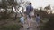 Back view of father with two young sons walking on the path in the park