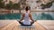 Back view full body of cropped unrecognizable focused female athlete in activewear practicing yoga in padmasana with mudra hands