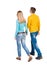 Back view going couple. walking friendly girl and guy holding h