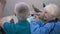 Back view grey-haired Caucasian couple feeding birds sitting at lake in park putting heads together in slow motion