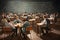 Back view of a group of students sitting at a desk in front of a blackboard with mathematical formulas.