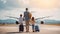 Back view of happy family standing near a large plane with two suitcases outdoor. Trip concept