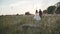 Back view of happy wedding couple walks on green grass on sunset