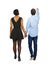 Back view of interracial going couple who points somewhere