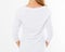 Back view lady in stylish white tshirt mockup copy space close up