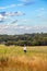 Back view of little girl with kite running in meadow at sunny da