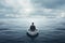 Back view of lonely businessman in boat in blue deep ocean. Generative AI