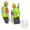back view of male industrial engineers pointing vector illustration sketch doodle hand drawn with black lines isolated on white b