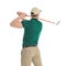 Back view of man with golf club on white