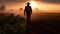 back view of man in hat walking by agricultural field, farmer walk by farm with fresh plants, person inspecting farming