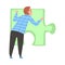 Back View of Man Solving Jigsaw Puzzle, Person Trying to Connect Big Green Puzzle Element Cartoon Style Vector