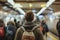 Back view of man standing at busy subway with blurred background. Generative AI
