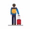 Back view of man travelling with backpack and suitcase, cartoon flat illustration vector isolated in white background