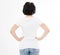 Back view middle age woman in tshirt on white background. Mock up for design. Copy space. Template. Blank