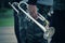 back view musician playing empty trumpet instrument outdoors selectable focus