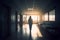 Back view of nurse walking through empty hospital corridor