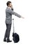 Back view of pointing business man with suitcase talking on the