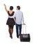 Back view of pointing interracial going couple with suitcase