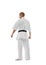 Back view portrait of professional karateka in kimono with black belth isolated over white background. Karate, judo