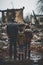 back view of refugee family looking at destroyed home after war, desperate people near demolished house after natural