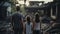 back view of refugee family looking at destroyed home after war, desperate people near demolished house after natural