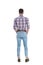 Back view of relaxed man wearing shirt with blue checkers