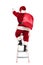 Back view of santa stretching hand while climbing ladder