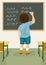 Back view of schoolboy solves arithmetical on blackboard