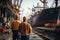 Back View of Shipyard Workers with a Majestic Ship Under Construction. created with Generative AI