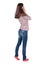 Back view of shocked woman in blue jeans. upset young brunete gi