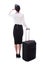 Back view of stewardess standing with suitcase isolated on white