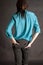 Back View of Tight Pants and Teal Silk Blouse
