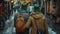 Back view of tourists in green hats walking on street in Dublin, Ireland