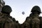 Back view of Turkish soldiers on the day of Republic Turkey and a balloon with crescent and star shape which is a Turkish flag