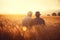 Back View Of Two Adult Friends Enjoying A Serene Sunset Amidst A Golden Wheat Field - Generative AI
