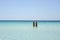 Back view of two beautiful friendly women bathing in the clear sea against a sunny sky.Vacation concept