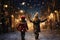 back view of two children in winter outfit walking at street with snowfall. first snow