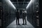 Back view of two young men standing in server room and looking at each other, Two young multiethnic specialists full rear view ,