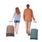 Back view of walking couple with suitcase.